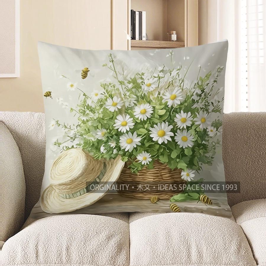 Home Decor Vintage Car With Daisy Basket Throw Pillow Pattern Cushion Cover Suitable For Sofa Bedroom Car Pillow Cover