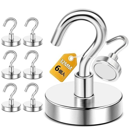 

[32mm Diameter - Pack of 6] Strong Stainless Steel Magnetic Hooks, Rust-Resistant, Silver, 36kg Vertical Load Capacity, Neodymium Magnets, for Kitchen