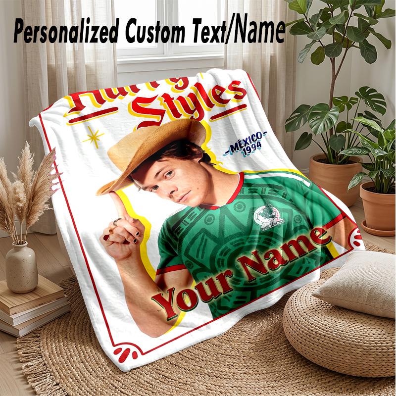 Coperta in Flanella Personalizzata Harry Styles Stampa il Tuo Nome Testo Morbida Calda Coperta Regalo di Festa