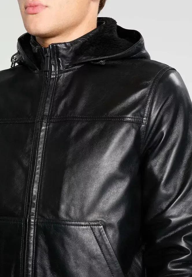 Original Leather Handmade Biker Motorcycle Stylish Black Men's Hoodie Jacket Genuine