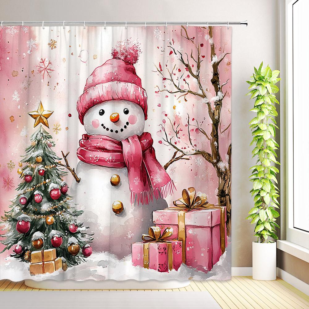 Christmas Snowman Shower Curtain Trees Gift Boxes Snowflake Winter Forest Snow Scenery Cedar Xmas Home Bathroom Decor With Hooks