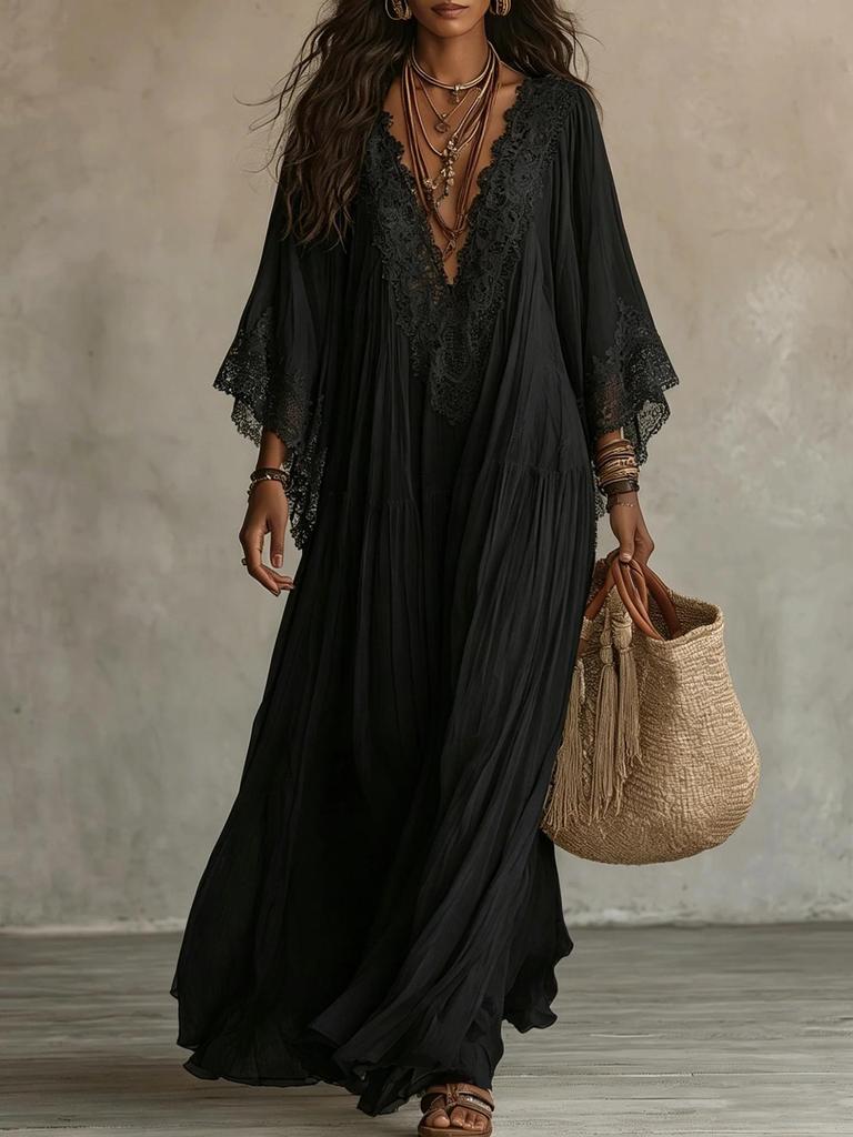 Bohemian Lace Patchwork Chiffon Dress - Western Style Hot Item