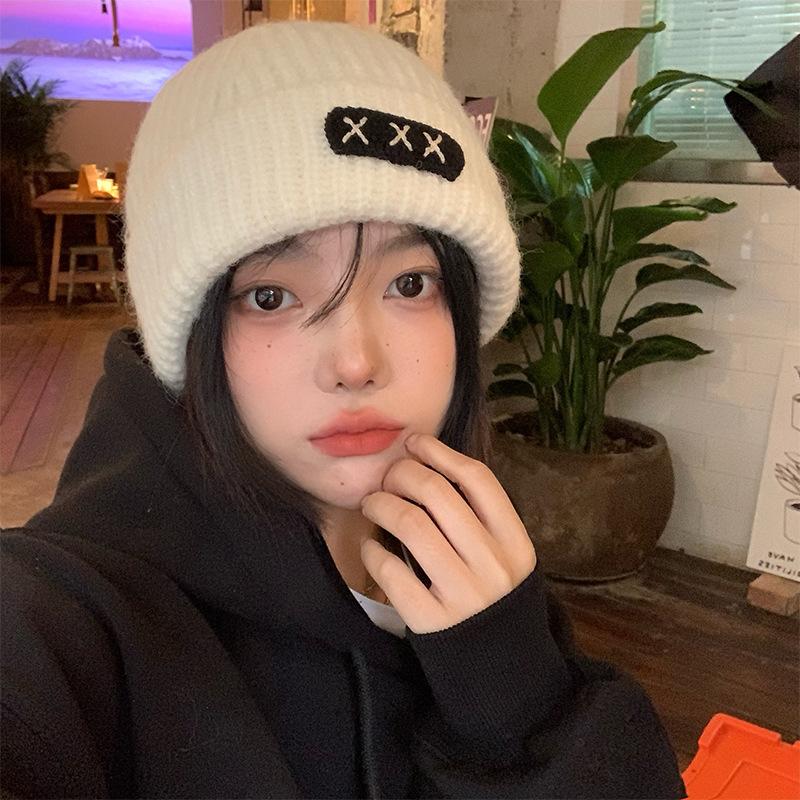 Women's Big Head Wing White Woolen Hat In Winter Versatile Face Showing Small Hip Hop Niche Knitted Hat Trendy Korean Version