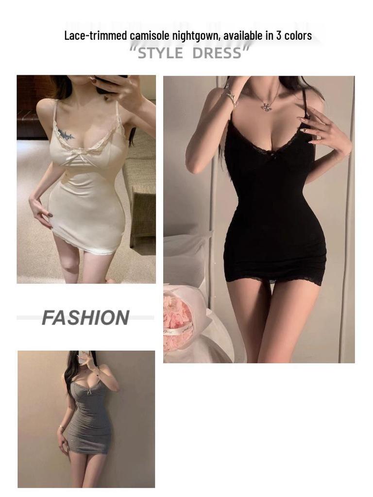 Elegant Lace-Trimmed Spaghetti Strap Bodycon Mini Skirt Dress for Women