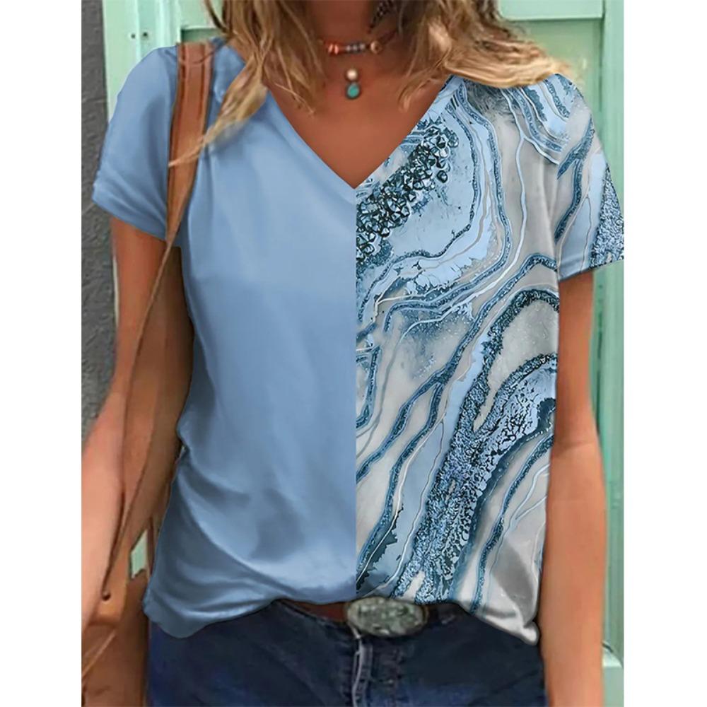 New Flower Floral 3D Print T-shirt Women V-Neck Short Sleeve Tees Y2k Tops Streetwear Harajuku Oversized T Shirts Woman Clothing
