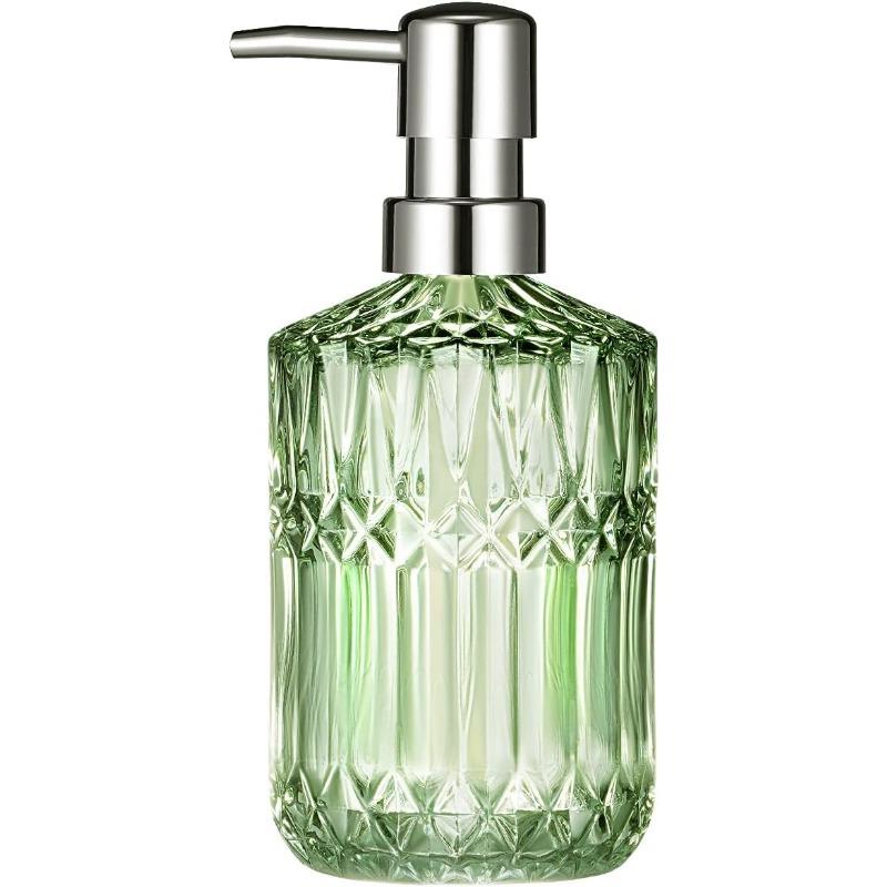 Diamond Design 12 Oz Green Glass Soap Dispenser,Refillable Lotion Soap Dispenser for Bathroom, Kitchen, Hand Soap, Dish Soap,Shampoo
