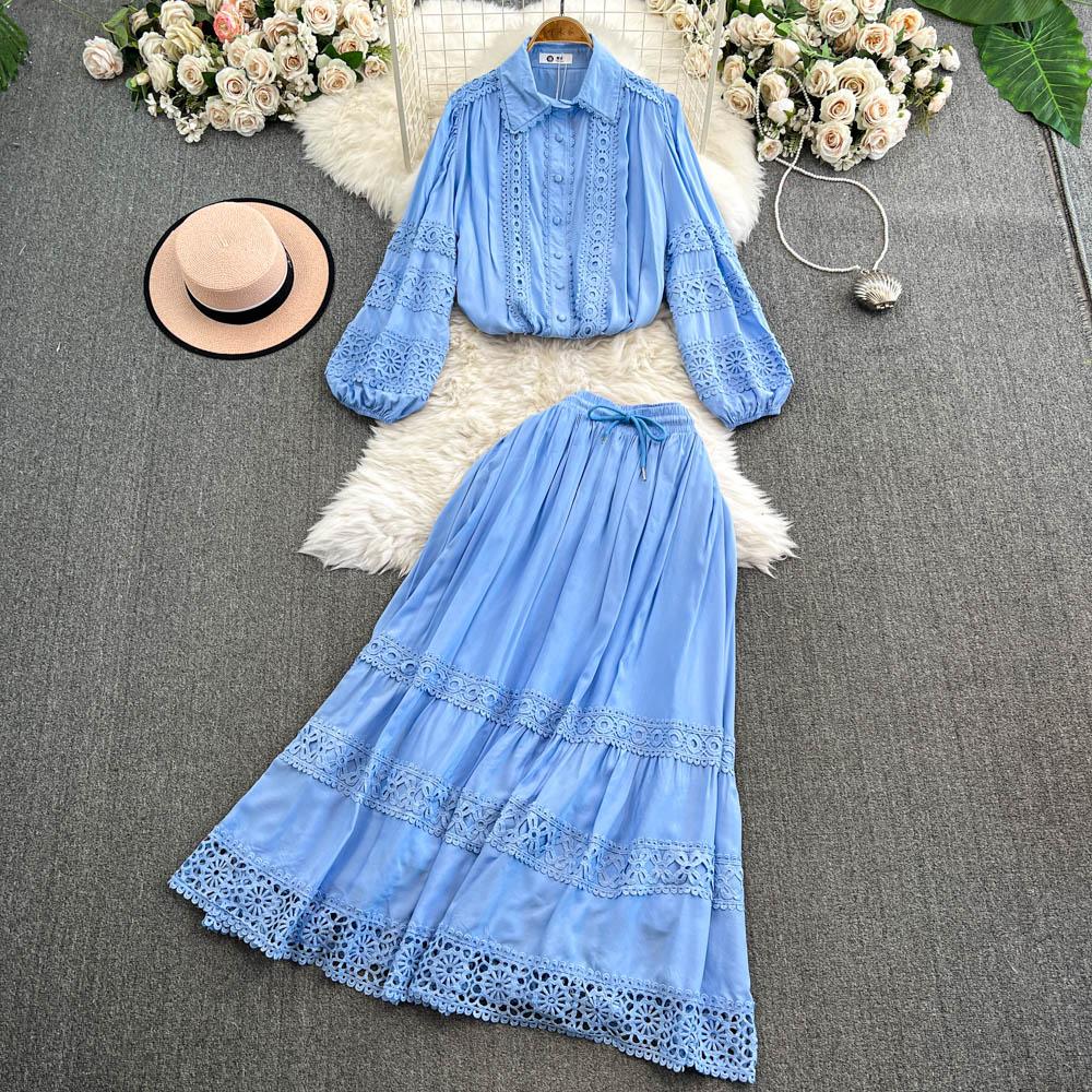 Lace Panel Long Sve Irt And High Waist Flared Skirt Set Women's Faion Ensemble Hollow Out Design Slimming Women Suit 2 Pieces Set