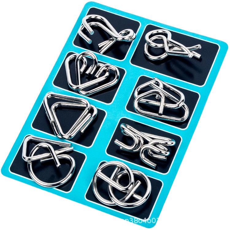 Nine-Link Luban Lock Puzzle Metal Buckle Set - 8-Piece Ring Unlocking Toy Set Box