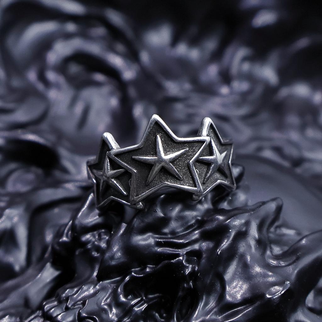 LENNIK "Triasteria" Adjustable Star Ring Silver-Clad White Copper Gothic Punk Edgy Jewelry for Men Women Retro Accessories Gift