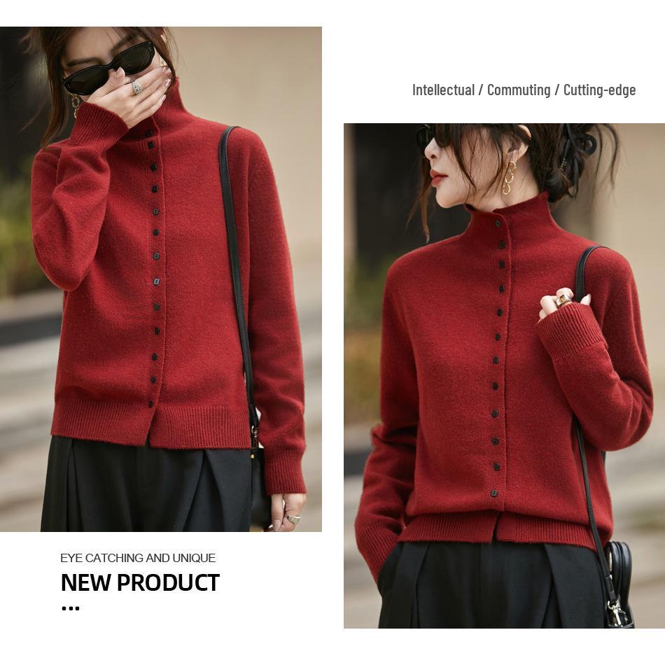 Women's Gray Loose Knit High Neck Long Sleeve Cardigan for Autumn/Winter 2025