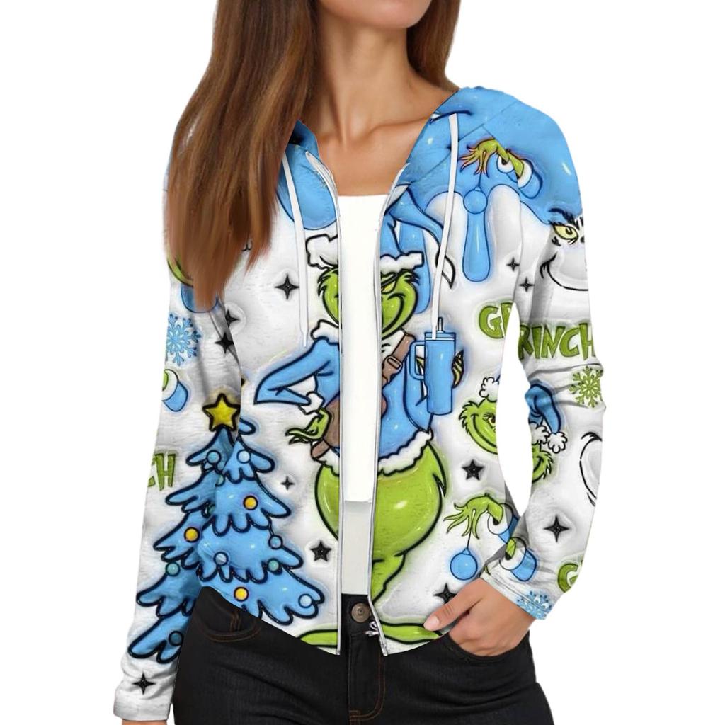 Dámská móda Vánoční potisk Ležérní rozepínací bunda s dlouhým rukávem a kapucí