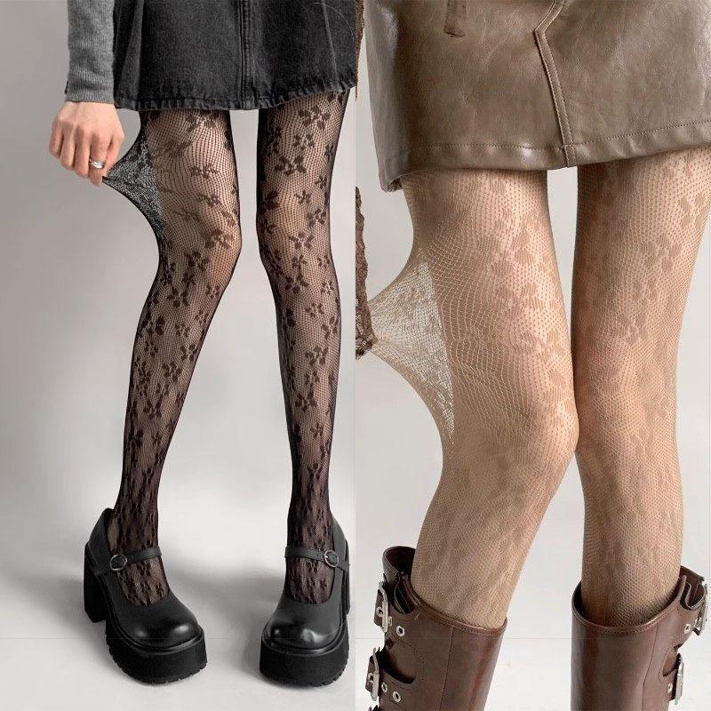 Floral Pattern Brown Fishnet Pantyhose Women Sexy Coffee Hollow Out Mesh Tights Y2K Lolita Nylon Transparent Lace Stockings