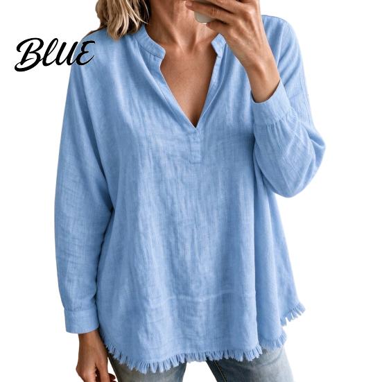 Layered Blouse Women Loose Fit V-Neck Blouse Solid Color Long Sleeve Tassel Hem Daily Wear Shirt Casual Fringe Trim Tops for Business Commuting