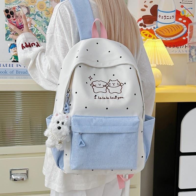 Soft Girl Dot Pattern Nylon Backpack With Cartoon Puppy And Polka Dot Print Designfor Teens And Adults
