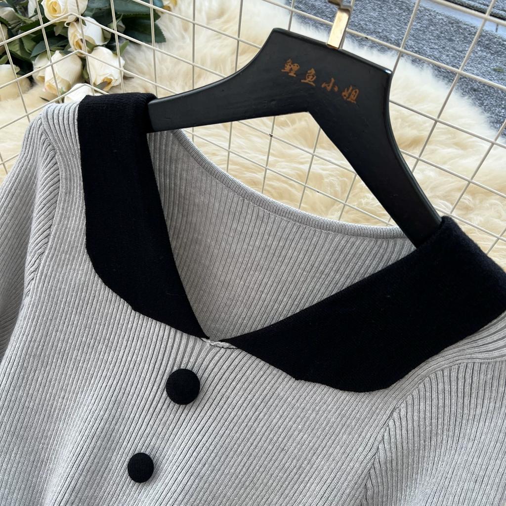 Korean-Style Peter Pan Collar Knit Dress for Women Fall Single-breasted Long Sleeve Slim-Fit Professional Elegant Sweater Dress