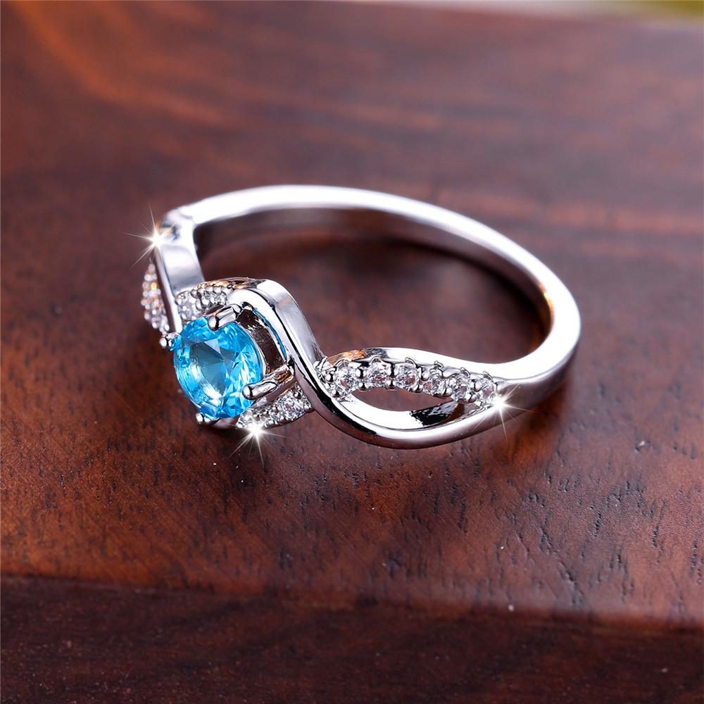 Trendy Water Blue Zircon Round Stone Vintage Silver Color Wedding Bands Engagement Rings For Women Men Minimalist Jewelry
