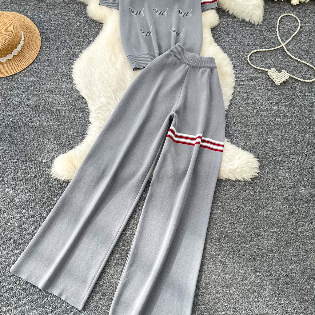 Lässiges Strick-Set mit süßem Welpenmotiv für Damen, Sommer, Umlegekragen Pullover-Top und Weitbeinige Hosen, Zweiteiliges Set für Damen