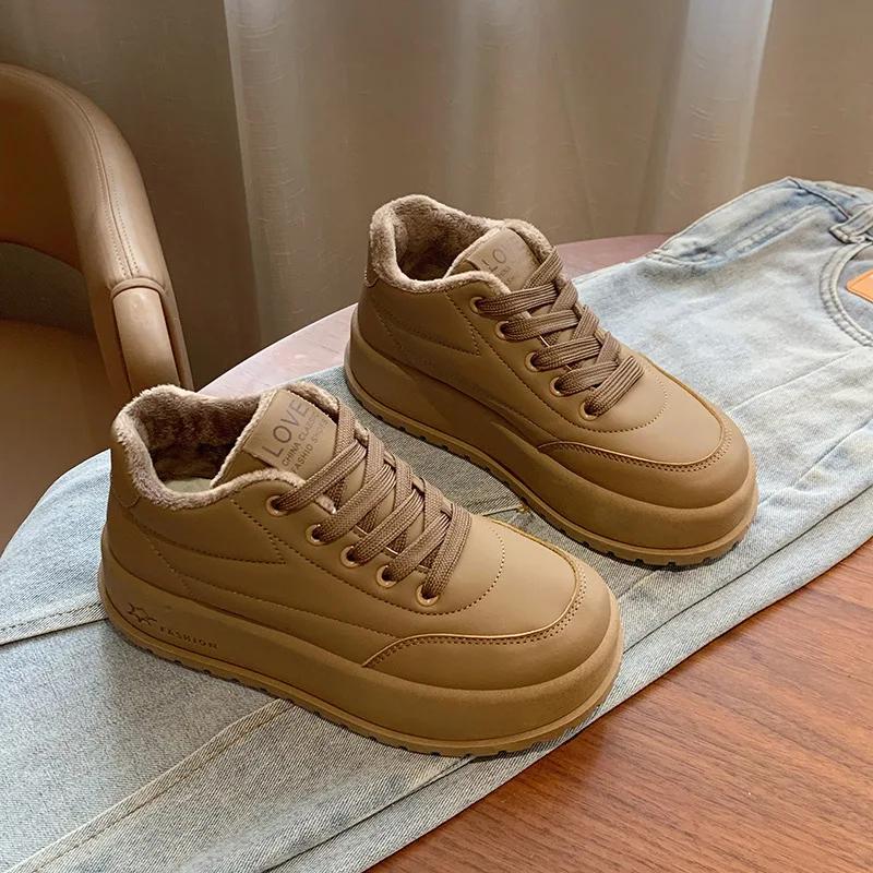 

Fashion Women Winter Plus Cashmere Plush Warm Sneakers New Fashion Casual Sports Shoes Female Thick Sole High Top Increase Sports Shoes 35 коричневый