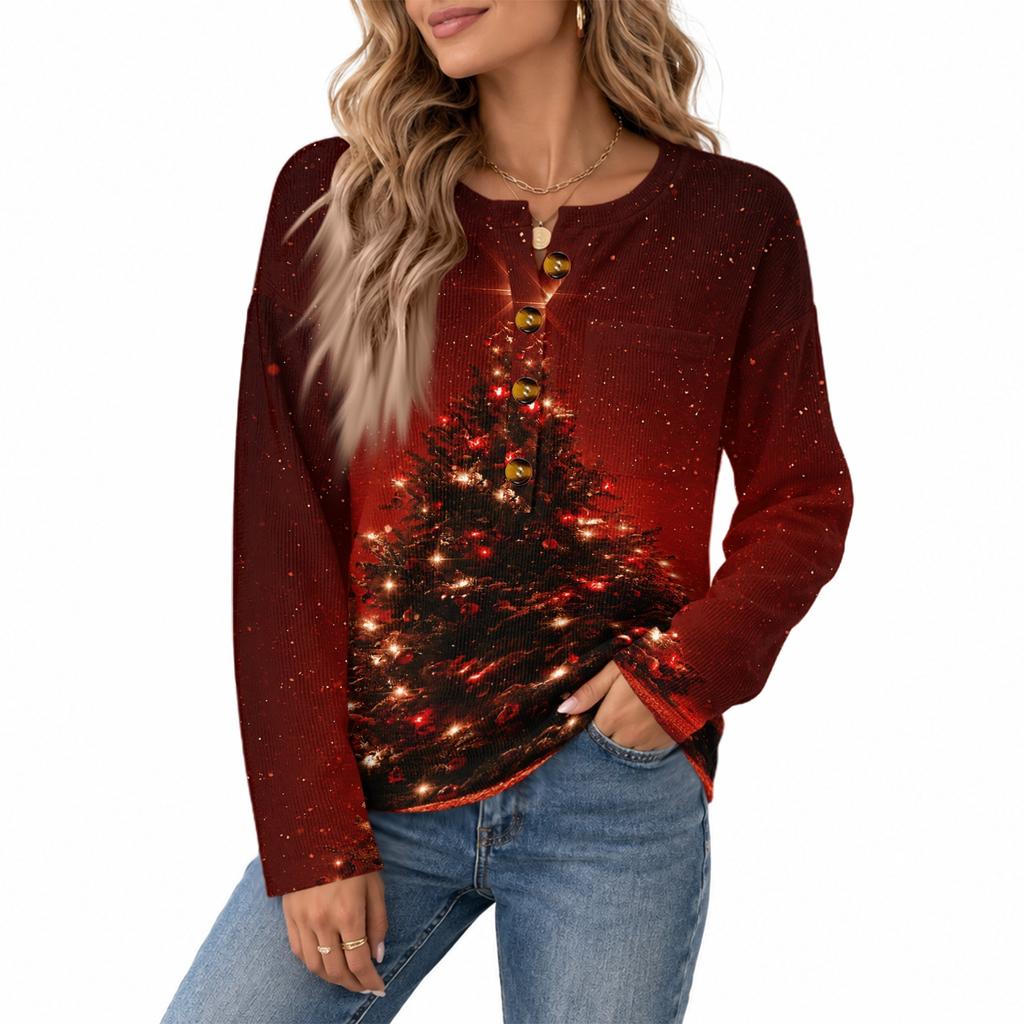 Damen Strickoberteil mit Knopfleiste und Weihnachtsdruck, Langarm, für festliche Freizeitkleidung