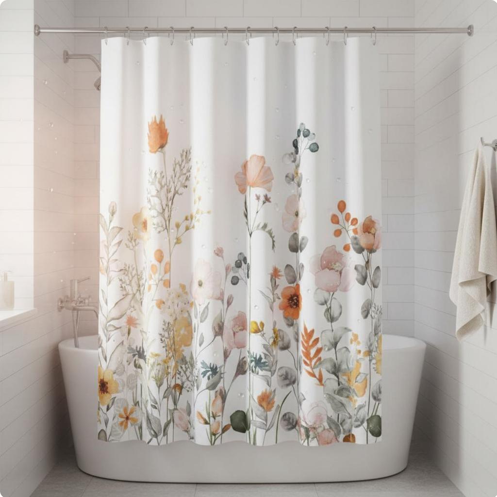 Floral Shower Curtain Waterproof Floral Print Bath Curtain Machine Easy-Care Quick-Drying