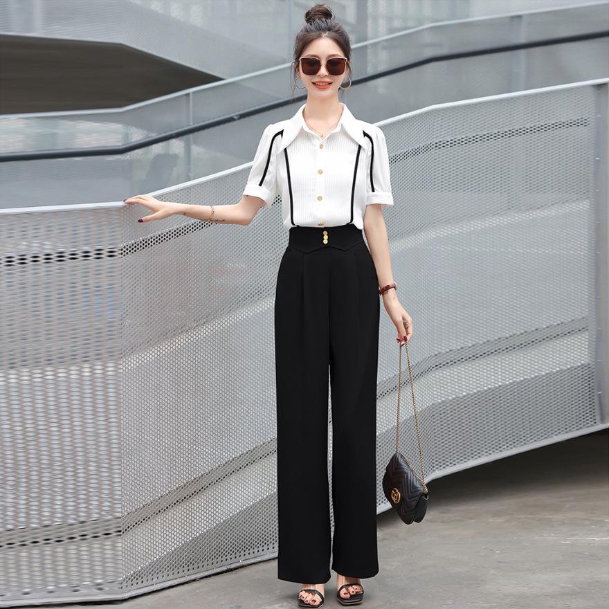 Fashion suit women's long-sleeved shirt summer new quality shirt thin wide-leg pants two-piece set trendy