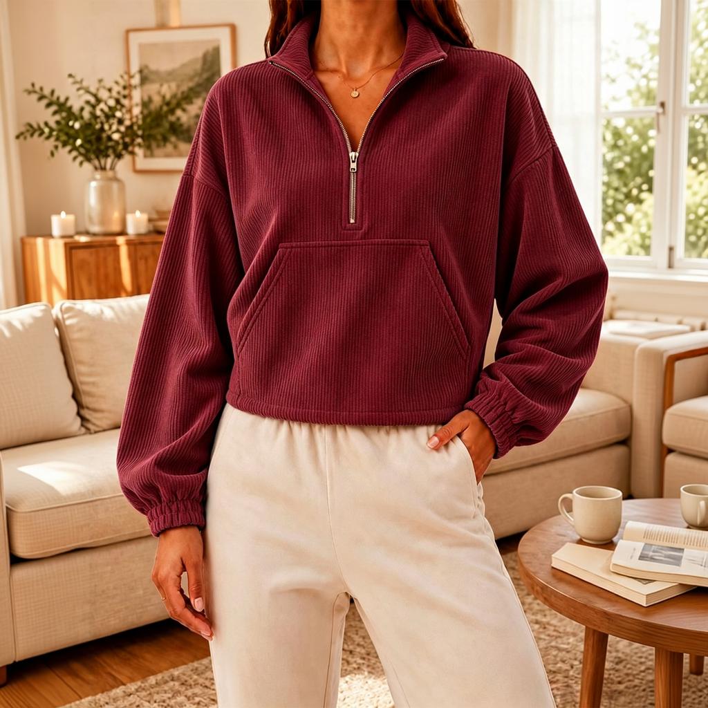 Women's Fashion Color Half-Zip Mock Neck Long Sleeve Sweatshirt with Pockets