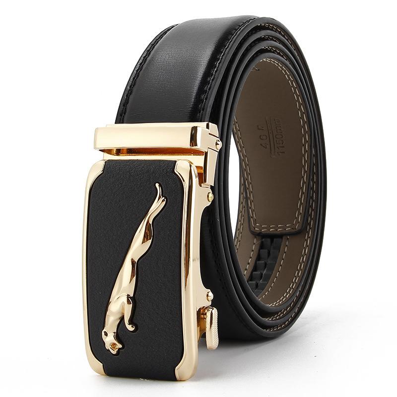 Neuer Stil Buchstaben für Herren Echtes Rindsleder Zweilagiges Leder Offene Kante Automatisches Schnallen-Gürtel Matt Business Casual Herren-Gürtel 110-130CM black