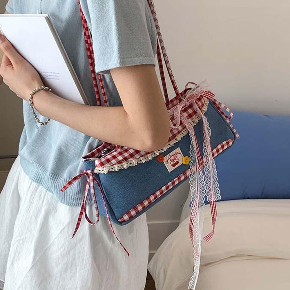 Denim Blue French Stick Handbag Sweet Cloth Underarm Bags Portable Plaid Shoulder Bag Daily