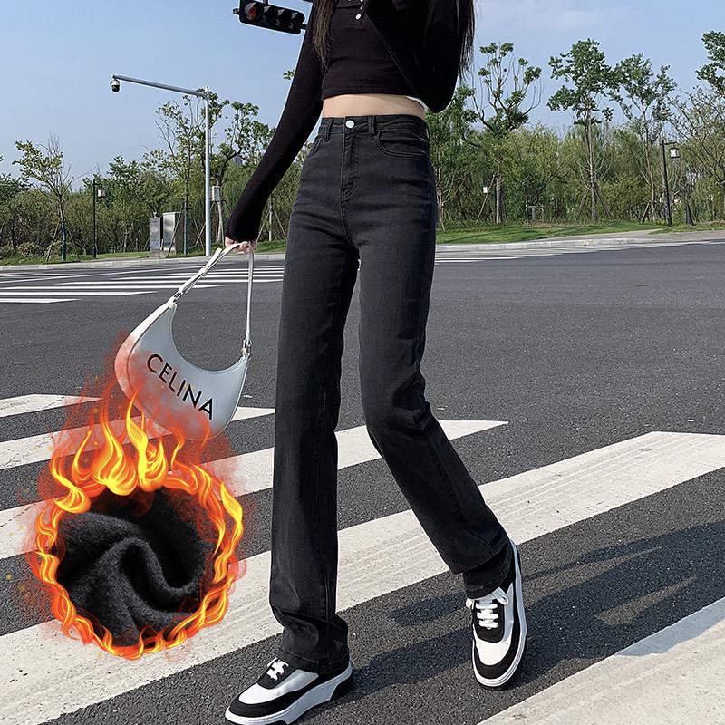 Women's High-Waist Black Straight-Leg Jeans: 2025 Autumn/Winter Hong Kong Style, Plus Velvet, Floor-Length for a Lengthening Look
