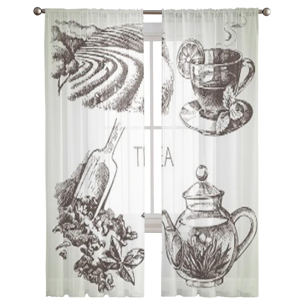 Sketch Vector Tea Set Tulle Curtains For Living Room Sheer Curtain Bedroom Veil Organza Decorative Window Treatments
