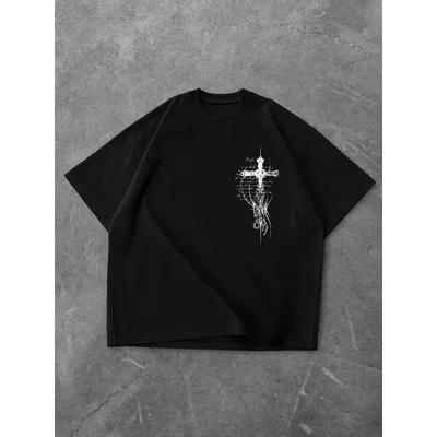 Women Gothic Cross Print Short Sleeve T‑Shirt O‑Neck Loose Fit Punk Streetwear Aesthetic Casual Summer Tee Tops