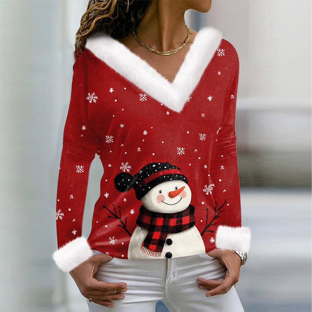 Tricou de damă Tricou Cămașă de Crăciun Cu mânecă lungă Petrecere cu imprimeu de Crăciun Top cu decolteu în V