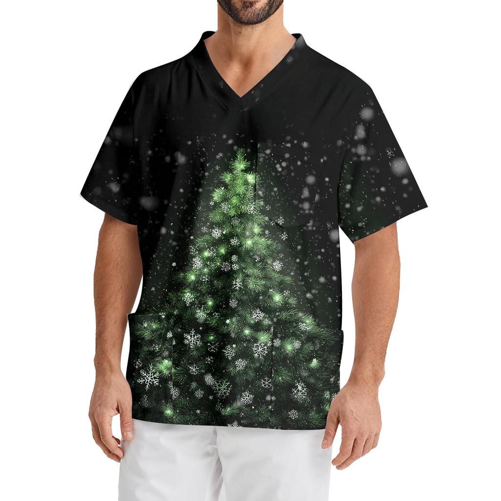 Men's Printing Short Sleeve V-neck Working Blouse Chest Pocket Carer Top