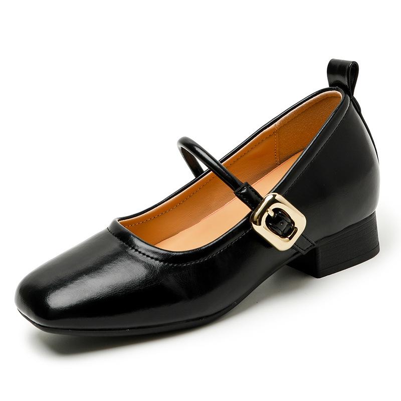 Retro single shoes square head thick heel small leather shoes one-word buckle casual Mary Jane women's shoes fashion light mouth single shoes