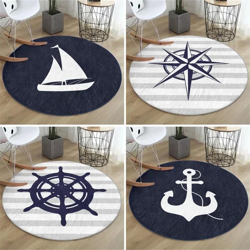 Lodestar Unisex Marine Theme Round Carpet, Compass Pattern, Ship's Wheel Pattern, Anchor Area Rug, Living Room Decorative Carpet Nautical Symbol