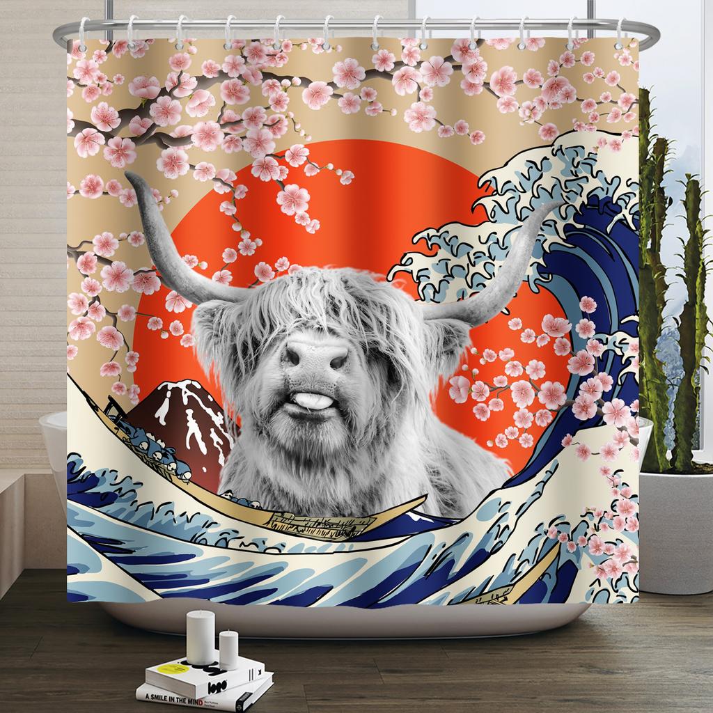 Japanese Ukiyo-e Shower Curtain The Great Wave of Kanagawa Mount Fuji Cherry Waterproof Shower Curtain for Bathroom Bathtub Deco