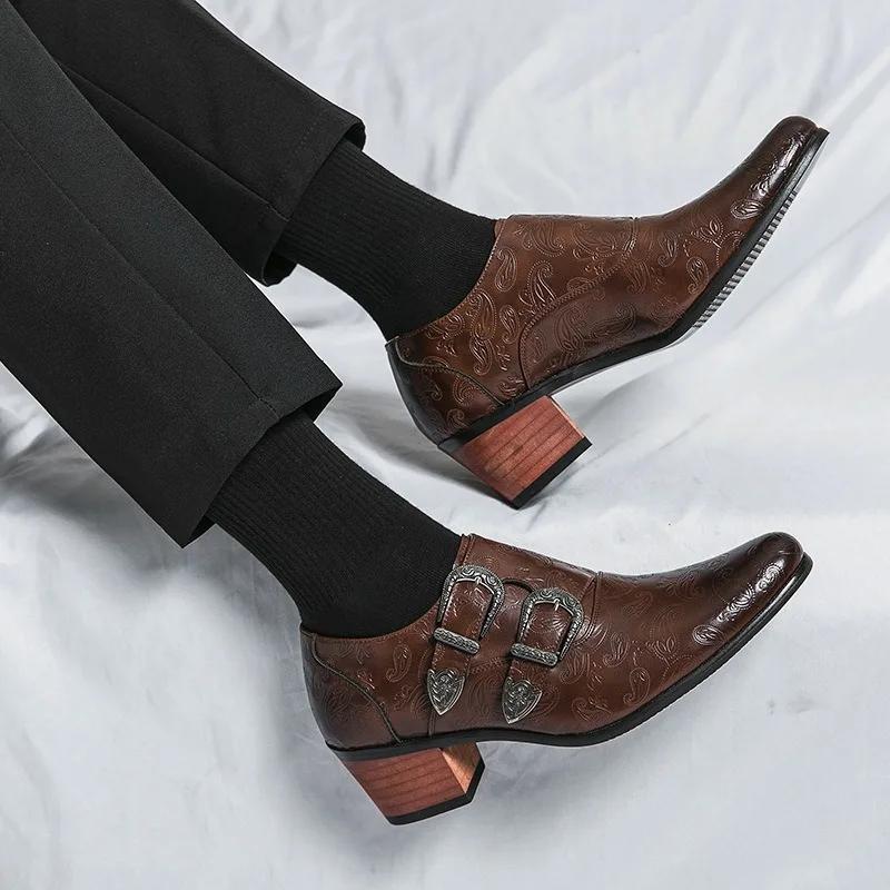 Men's Wedding Shoes Fashion Slim Fit Pointed High Heel Pullover Breathable Leather Shoes Classic Vintage Men's Dress Shoes