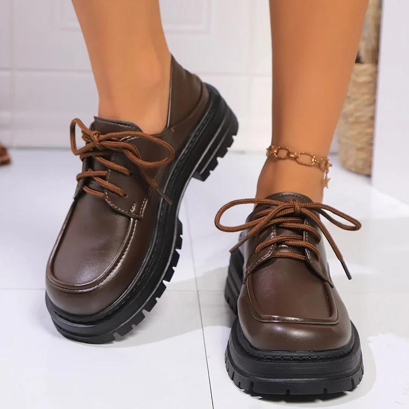 Fashion Retro Chunky Platform Oxford Shoes for Women British College Style Thick Sole PU Leather Dress Shoes Woman Spring Autumn Loafers