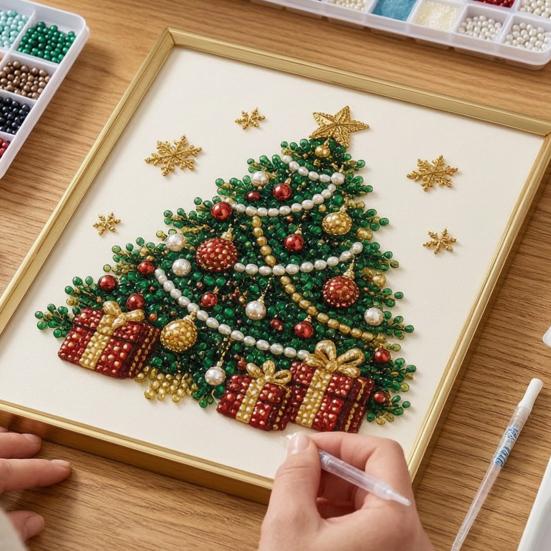 Sparkling 3D Painting Canvas DIY Christmas Faux Pearl Art Kit with Frame, Santa Winter Holiday Theme Craft Supplies Beads for Adults Beginner,