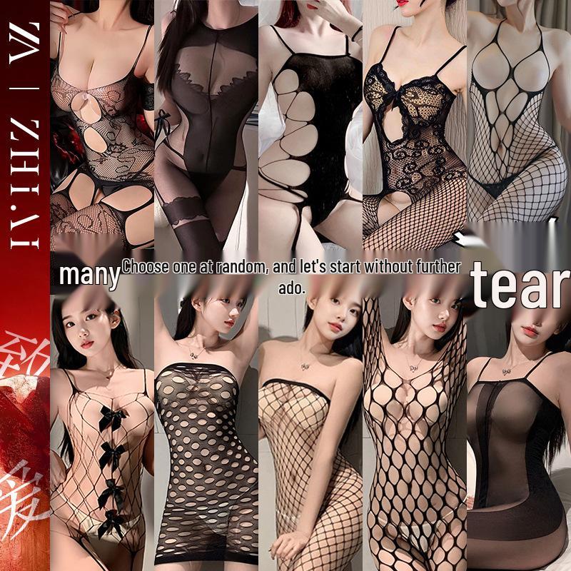 Passionate Sheer Lingerie Set: Fishnet Stockings & Crotchless Bodysuit