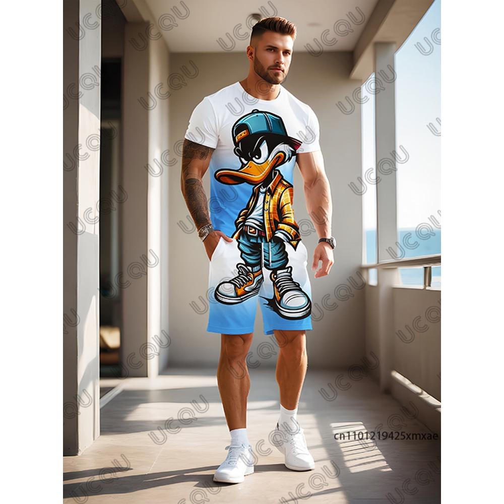 Men's Sets Gradient Funy Duck Print Short Sleeve T-Shirt+Shorts Suit Casual Set Sports Streetwear 2 Piece Outfit