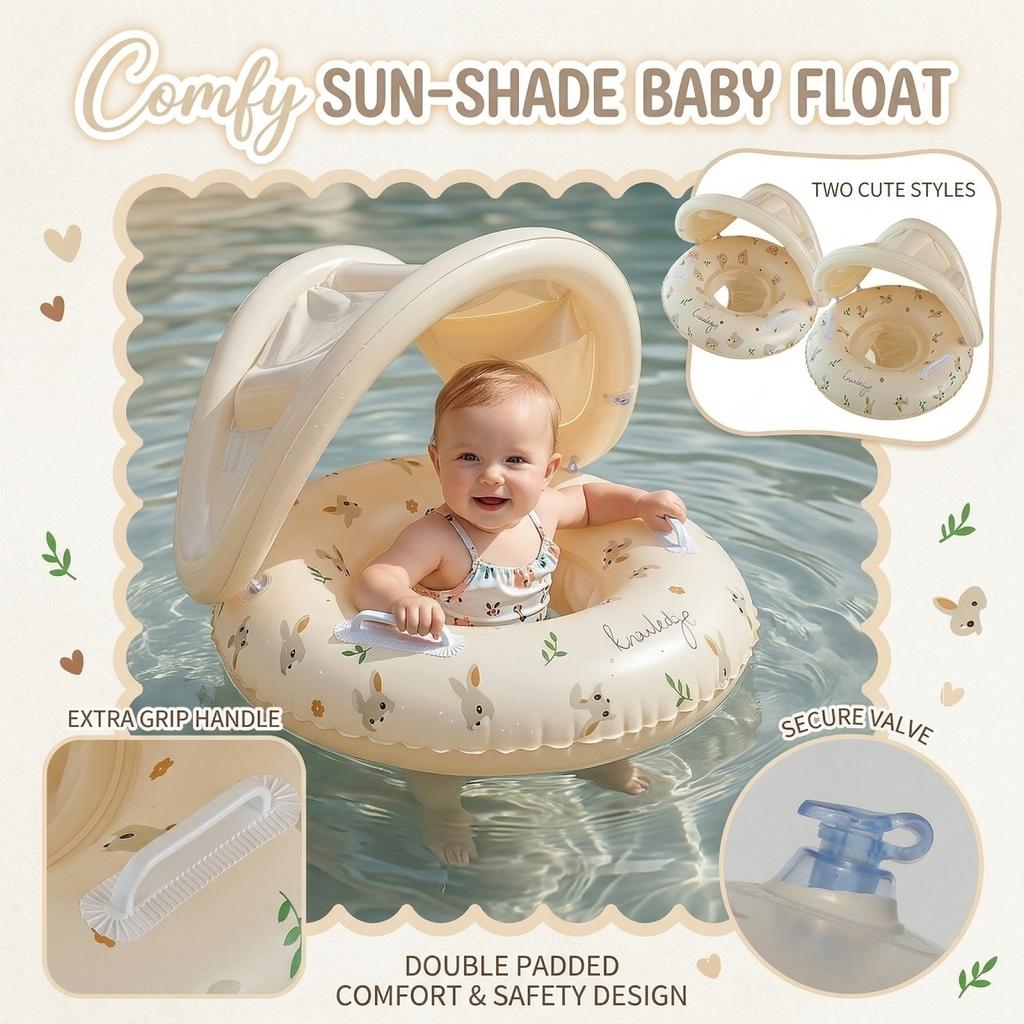 Inflatable Baby Swim Ring with Canopy Thickened Water Float Seat for Toddlers Adjustable Sunshade Pool Float Ring
