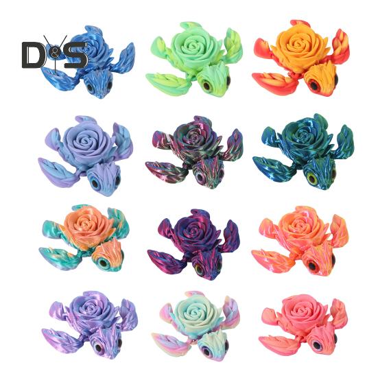 3D Printed Rose Turtle Figurine Movable Joints Flower Sea Tortoise Figure Articulated Animal Model Toy Home Office Bookshelf Desktop Decoration