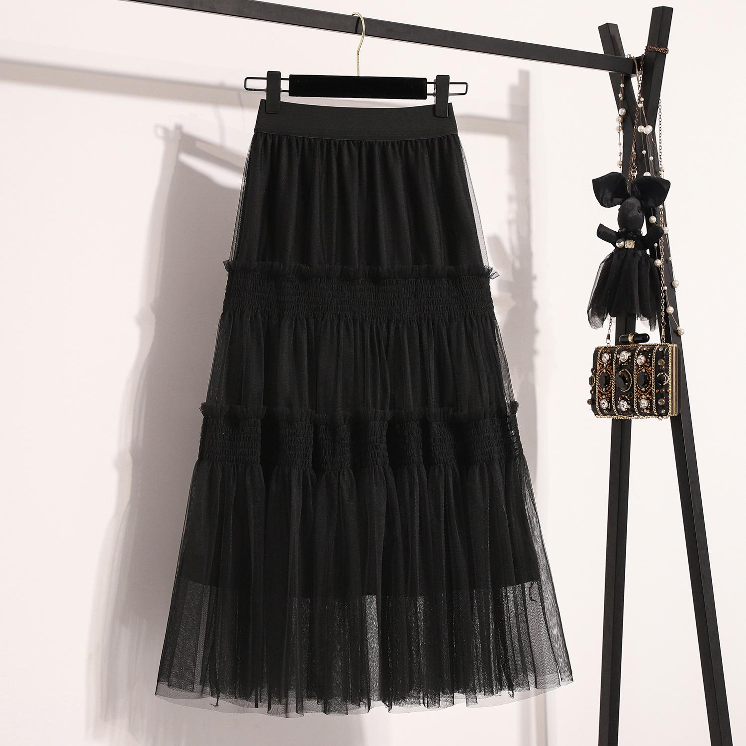 

Qooth Layered Ruffle Tulle Skirt High Waist Midi Skirt Vintage Party Skirt Simple Casual Skirt Women s Skirt QT2608 One Size чёрный