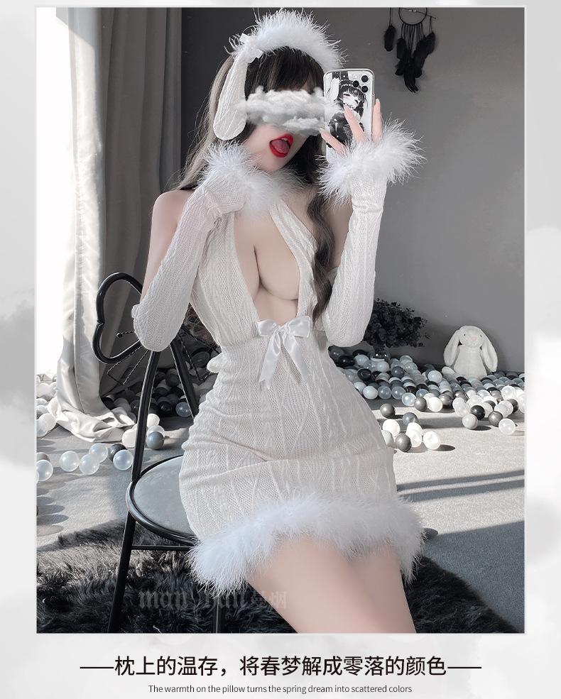 Sexy Lingerie Deep V Bunny Girl Uniform Cosplay Costume Halter Backless Plush Slim Bodycon Dress Open Chest Nightclub Temptation