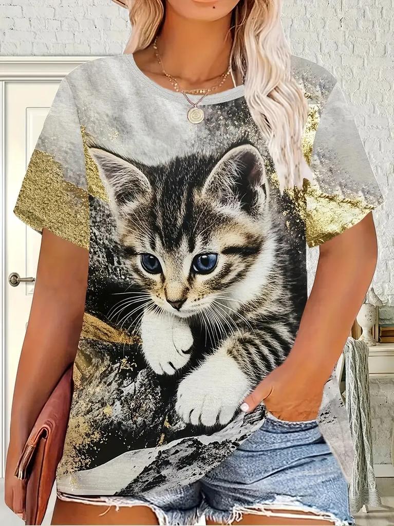 Cute Cartoon Cat Pattern T Shirt for Women Funny Animal 3D Printed Short Sleeves Tees Summer Plus Size T-Shirts O-Neck Kids Tops