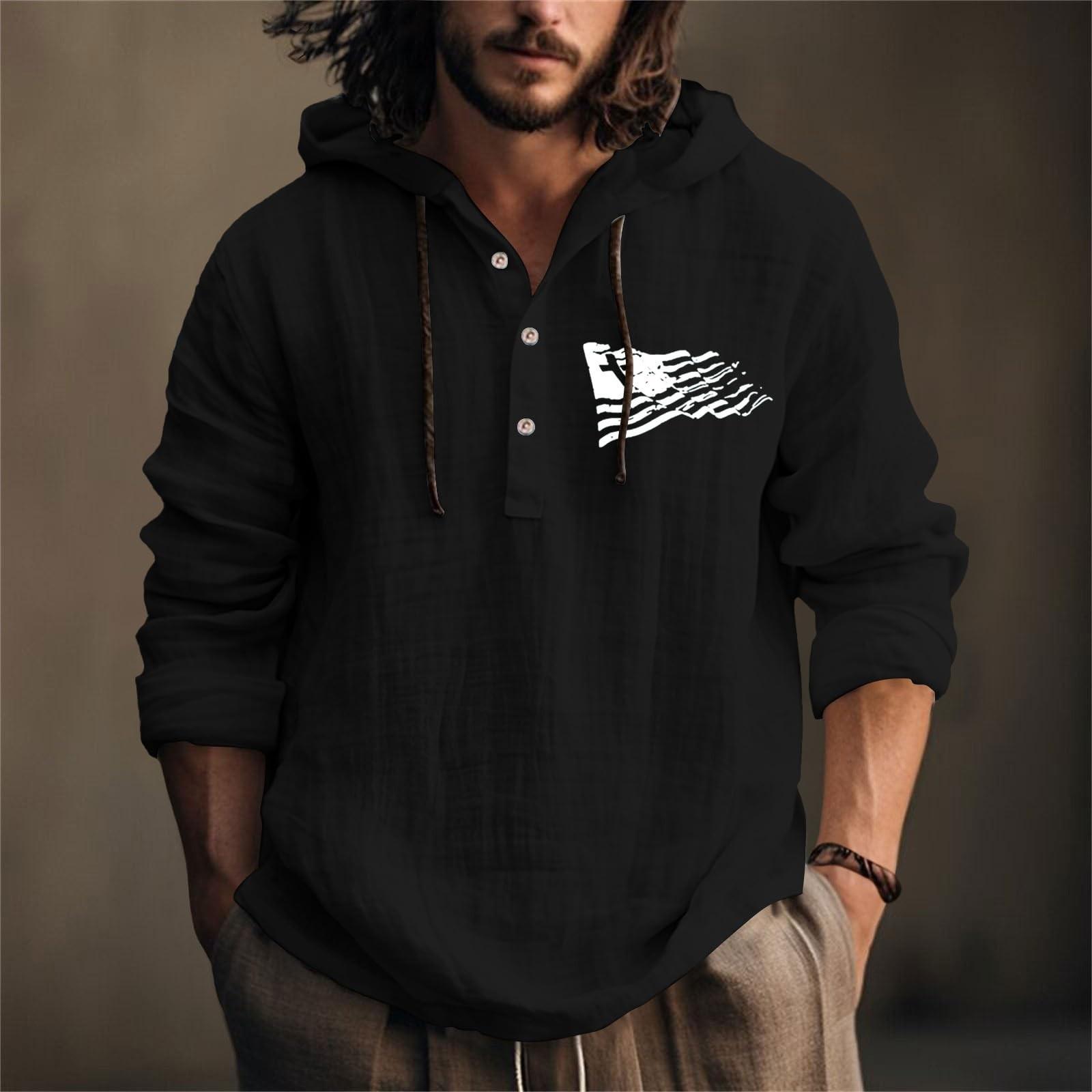 

День Незалежності Друкована Чоловіча Бавовняна та Лляна Сорочка З Капюшоном З Довгим Рукавом З Капюшоном Весна І Літо Повсякденний Одяг S чорний