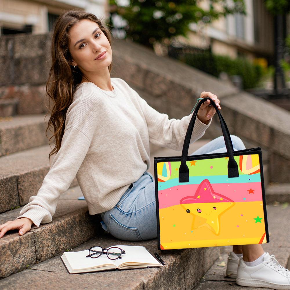 Cute Cartoon Star Pattern Tote Bag Portable Casual Daily Shoulder Handbag for Shopping Travel
