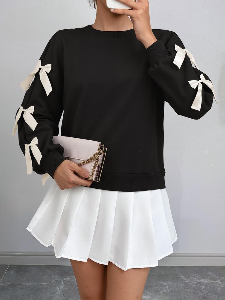 2025 Autumn Winter Women's Red Christmas Sweatshirt Sweet Style Round Neck Bowknot Pullover Top for Women