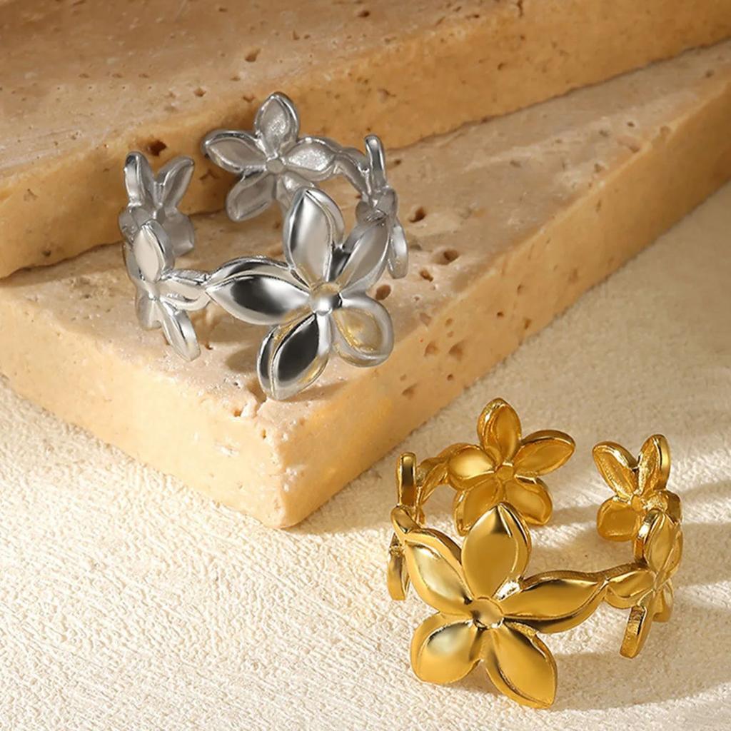 Unique Design Flower Rings For Women Geometric Stainless Steel Flower Opening Ring Gold Jewelry Gift Anillos